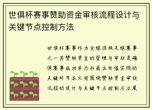 世俱杯赛事赞助资金审核流程设计与关键节点控制方法