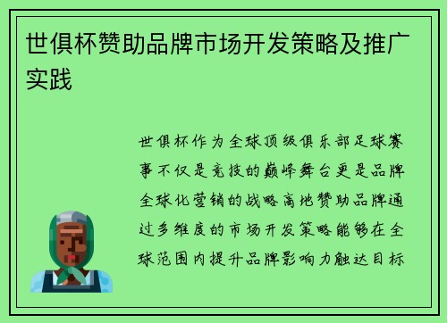 世俱杯赞助品牌市场开发策略及推广实践